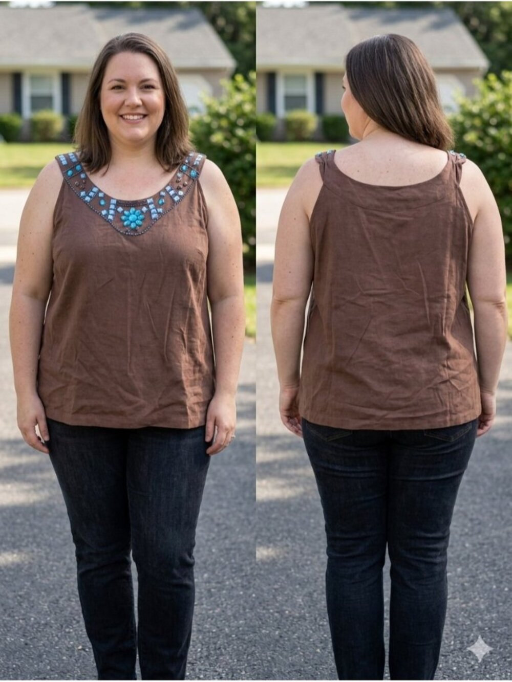Metro NYC Linen Blend Beaded Blouse Top NWT Brown Blue Gem Embellished Plus 3X
